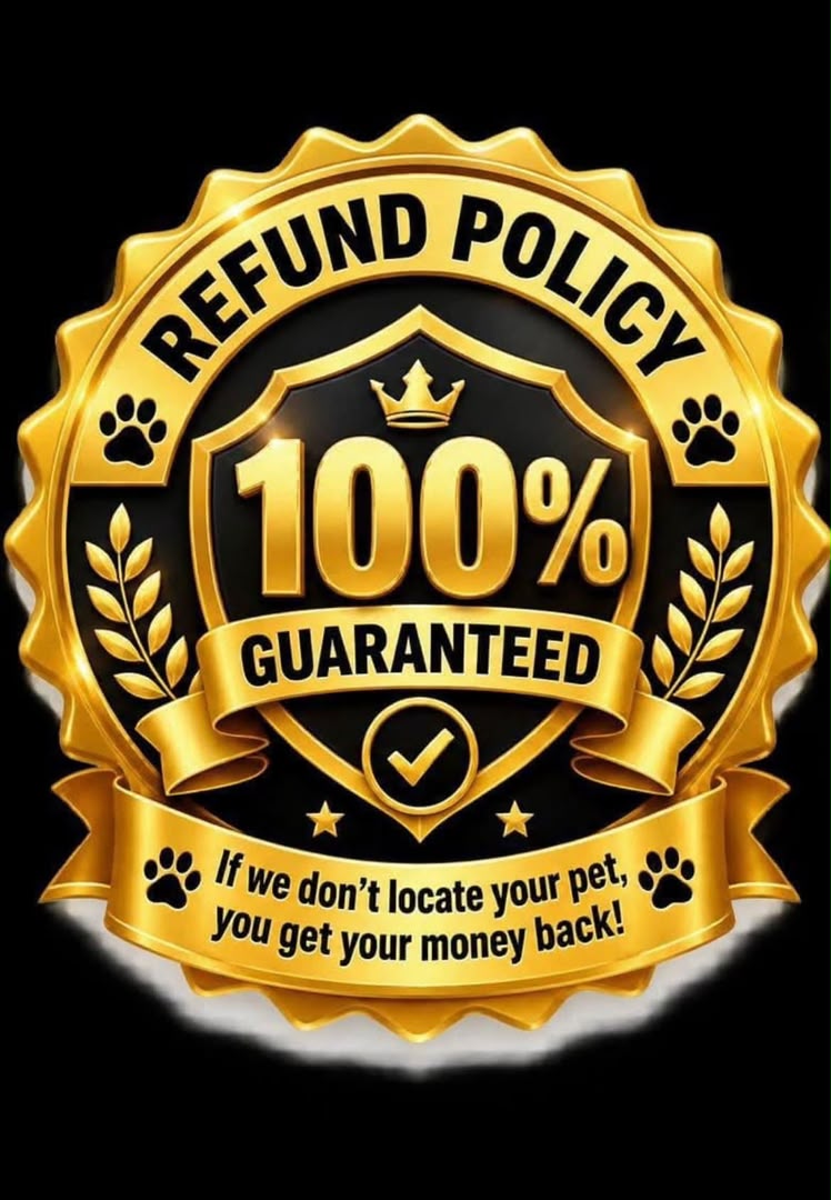 Refund policy badge: 100% guaranteed โ if we don't locate your pet, you get your money back